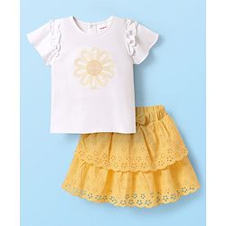 Babyhug Single Jersey Knit Half Sleeves Top & Schiffli Skirt Set With Floral Embroidery & Bow Applique - White & Yellow