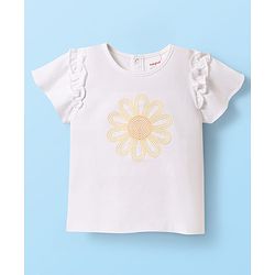Babyhug Single Jersey Knit Half Sleeves Top & Schiffli Skirt Set With Floral Embroidery & Bow Applique - White & Yellow