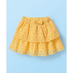 Babyhug Single Jersey Knit Half Sleeves Top & Schiffli Skirt Set With Floral Embroidery & Bow Applique - White & Yellow