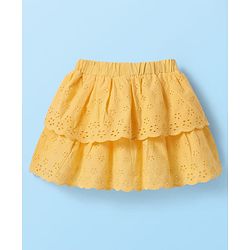 Babyhug Single Jersey Knit Half Sleeves Top & Schiffli Skirt Set With Floral Embroidery & Bow Applique - White & Yellow