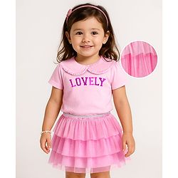 Babyhug Single Jersey Knit Half Sleeves Peter Pan Collar Top & Skirt Set with Lovely Text Print - Pink