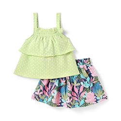 Babyhug Schiffili Knit Sleeveless  Top & Skirt Set Polka Dots & Floral Print with Bow Applique - Green Blue & Pink