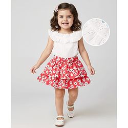 Babyhug Schiffili 100% Cotton Knit Sleeveless Top & Skirt with Floral Print - White & Red