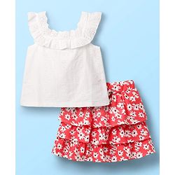 Babyhug Schiffili 100% Cotton Knit Sleeveless Top & Skirt with Floral Print - White & Red