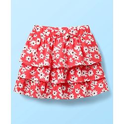 Babyhug Schiffili 100% Cotton Knit Sleeveless Top & Skirt with Floral Print - White & Red