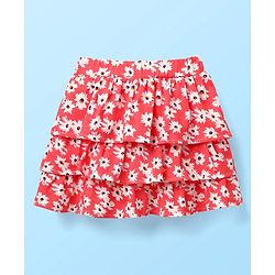 Babyhug Schiffili 100% Cotton Knit Sleeveless Top & Skirt with Floral Print - White & Red