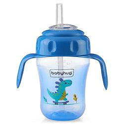 Babyhug Dino Printed Sipper Bottle With Silicone Spout & Straw Blue - 210 ml