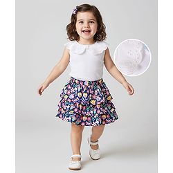 Babyhug Single Jersey Knit Sleeveless Schiffli Peter Pan Collar Top & Skirt Set With Floral Print & Bow Applique - White & Navy Blue
