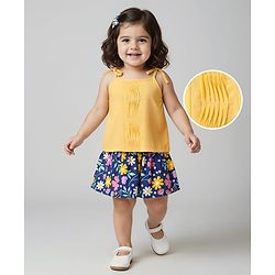 Babyhug Single Jersey Knit Sleeveless Top & Skirt Set With Floral Print - Yellow & Navy Blue