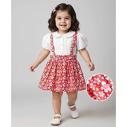 Babyhug Single Jersey Knit Half Puffed Sleeves Top & Skirt Set With Floral Print - White & Red