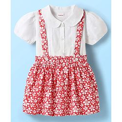 Babyhug Single Jersey Knit Half Puffed Sleeves Top & Skirt Set With Floral Print - White & Red