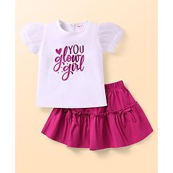 Babyhug Single Jersey Knit Half Puffed Sleeves Top & Skirt Set with Text Print - White & Pink