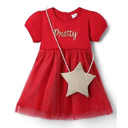 Babyhug Single Jersey Knit Half Sleeves Text Embroidered Frock with Sling Bag & Rhinestone Detailing - Red