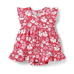 Babyhug 100% Cotton Knit Frill Sleeves Frock Style Onesie with Floral Print - Red