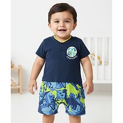 Babyhug 100% Cotton Knit Half Sleeves Romper With Dino Print - Navy Blue
