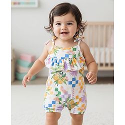 Babyhug 100% Cotton Interlock Knit Sleeveless Rompers With Tropical Theme Print - White