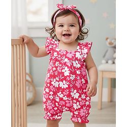 Babyhug 100% Cotton Knit Frill Sleeves Romper with Floral Print & Headband - Red