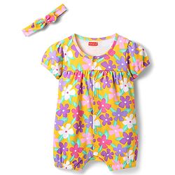Babyhug 100% Cotton Knit Half Puffed Sleeves Front Open Romper with Headband & Floral Print - Yellow