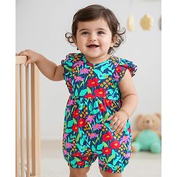 Babyhug 100% Cotton Knit Half Sleeves Romper with Floral Print - Blue