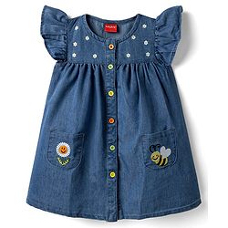 Babyhug Frill Sleeves Front Open Denim Frock with Floral Embroidery - Navy Blue