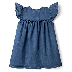 Babyhug Frill Sleeves Front Open Denim Frock with Floral Embroidery - Navy Blue