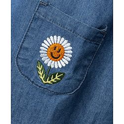Babyhug Frill Sleeves Front Open Denim Frock with Floral Embroidery - Navy Blue