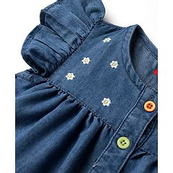 Babyhug Frill Sleeves Front Open Denim Frock with Floral Embroidery - Navy Blue