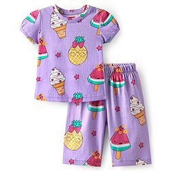 Babyhug Cotton Knit Half Sleeves Capri Nightsuit with Icecream Print - Purple