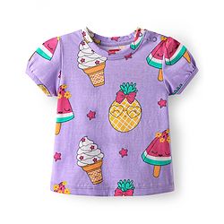 Babyhug Cotton Knit Half Sleeves Capri Nightsuit with Icecream Print - Purple
