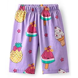 Babyhug Cotton Knit Half Sleeves Capri Nightsuit with Icecream Print - Purple