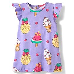 Babyhug Cotton Knit Half Sleeves Capri Nightsuit with Icecream Print - Purple