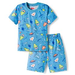 Babyhug Cotton Knit Half Sleeves Co-ords Shorts Night Suit with Ball Print - Light Blue