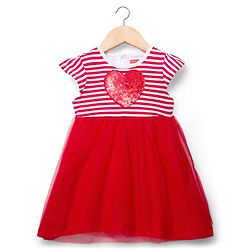 Babyhug Single Jersey Knit Cap Sleeves Frock with Stripes Sequined Heart & Sling Bag - Red
