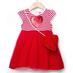 Babyhug Single Jersey Knit Cap Sleeves Frock with Stripes Sequined Heart & Sling Bag - Red