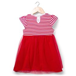 Babyhug Single Jersey Knit Cap Sleeves Frock with Stripes Sequined Heart & Sling Bag - Red