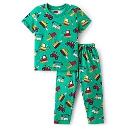 Babyhug Cotton Knit Half Sleeves Night Suit With Vehicle Print - Green