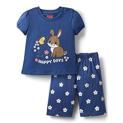 Babyhug Cotton Knit Half Sleeves Capri Night Suit With Bunny & Floral Print - Blue