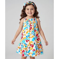 Babyhug Rayon Woven Sleeveless Tiered Frock with Headband & Floral Print - White
