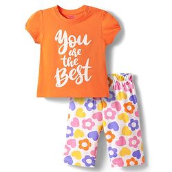 Babyhug Cotton Knit Half Puffed Sleeves Capri Night Suit with Text & Floral Print - Orange