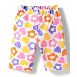 Babyhug Cotton Knit Half Puffed Sleeves Capri Night Suit with Text & Floral Print - Orange
