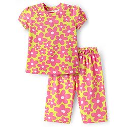 Babyhug Cotton Knit Half Sleeves Capri Nightsuit with Floral  Print - Green & Pink