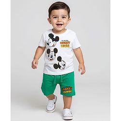 Babyhug Disney Single Jersey Knit Half Sleeves T-Shirt & Shorts Set With Mickey Mouse Family Graphics - White & Green