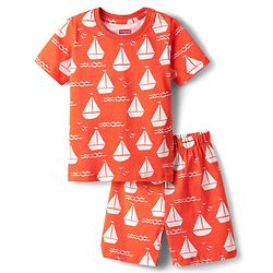 Babyhug Cotton Knit Half Sleeves Shorts Co-Ord Night Suit With Boat Print - Orange