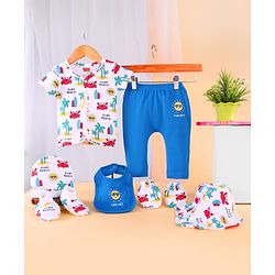Babyhug 100% Cotton Baby Gift Sets with Beach Theme Print Pack of 7 - White & Blue