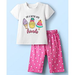 Babyhug Cotton Knit Half Sleeves Capri Night Suit With Fruit & Star Print - White & Pink