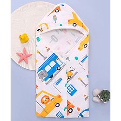 Babyhug Terry Knit Hooded Wrapper With Vehicle Print L 73 x B 73 cm - White