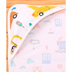 Babyhug Terry Knit Hooded Wrapper With Vehicle Print L 73 x B 73 cm - White