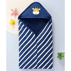 Babyhug Terry Knit Hooded Towel With Striped & Giraffe Print L 72 x B 71 cm - Navy Blue