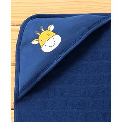 Babyhug Terry Knit Hooded Towel With Striped & Giraffe Print L 72 x B 71 cm - Navy Blue