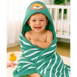 Babyhug Terry Knit Hooded Wrapper With Striped & Lion Print L 73 x B 73 cm - Green